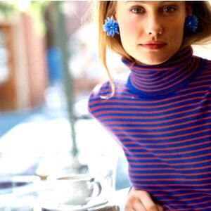 J. Crew 💯%Merino Wool Blue & Red Striped Tippi Turtleneck Sweater Size Small